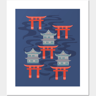 EDO Traditional Japanese Castles and Oriental Japan Torii Gates with Flowing River in Traditional Palette Blush Rust Blue Gray - UnBlink Studio by Jackie Tahara Posters and Art